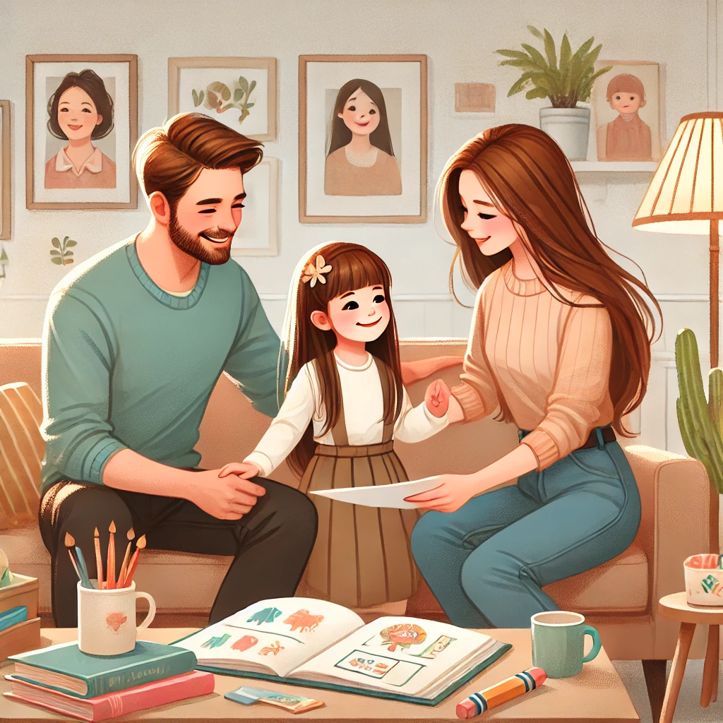 DALL·E 2024 11 30 13.16.14 An illustration depicting a nurturing family scene where parents are engaging with their young daughter. The father and mother are sitting on a cozy l