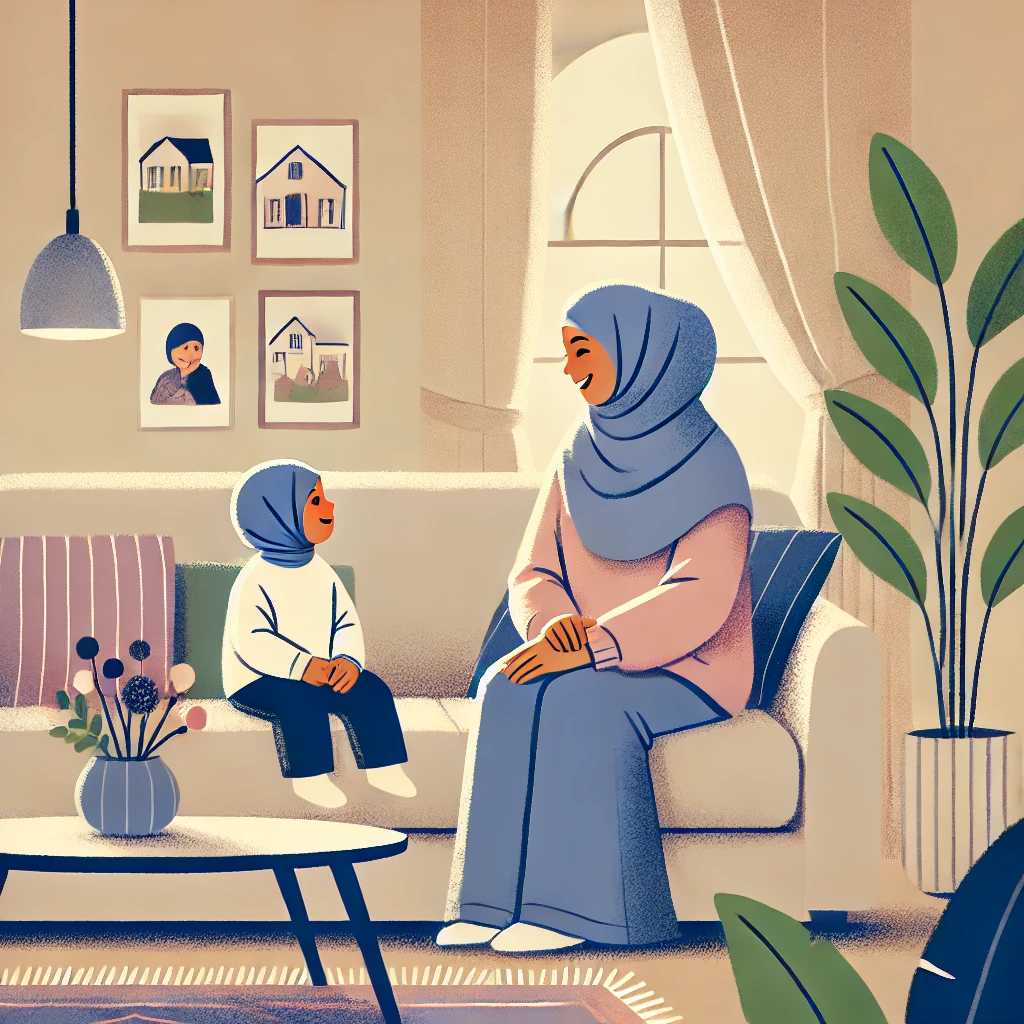 DALL·E 2024 11 30 13.42.37 An illustration of a mother wearing a hijab sitting in a cozy living room with her child. They are engaged in a warm conversation smiling and facing