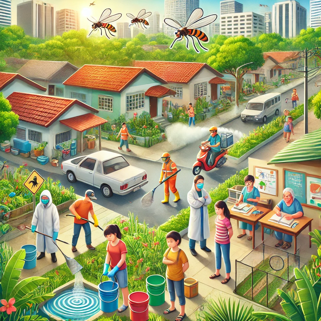 DALL·E 2024 12 05 06.00.17 A detailed illustration of a community actively engaging in dengue fever prevention activities in a tropical urban neighborhood. The scene includes pe