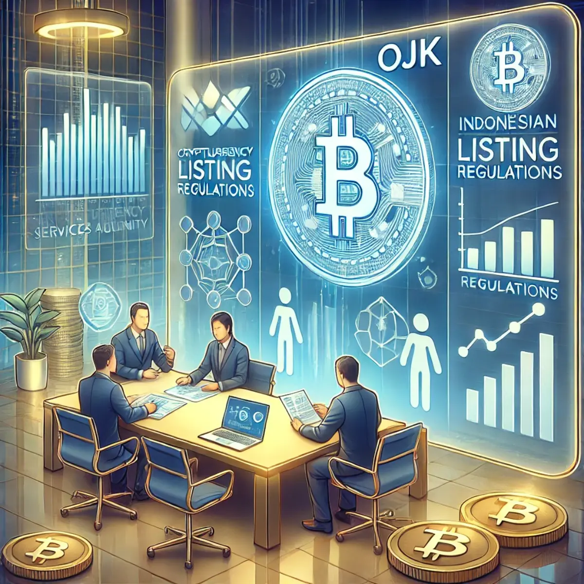 DALL·E 2025 02 13 20.42.39 An illustration depicting the Indonesian Financial Services Authority OJK designing cryptocurrency listing regulations. The scene features a modern