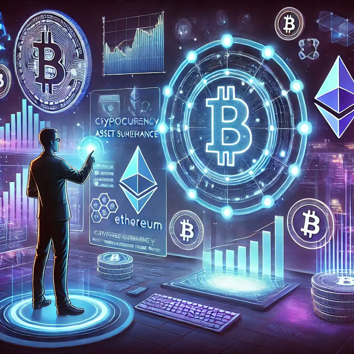 DALL·E 2025 02 13 20.59.01 An illustration depicting cryptocurrency asset surveillance. A futuristic cybersecurity analyst is monitoring financial digital graphs on a giant holo