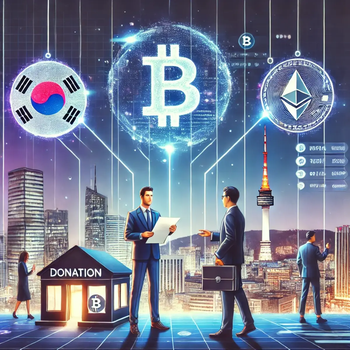 DALL·E 2025 02 13 21.20.52 An illustration depicting South Korea allowing institutions to sell cryptocurrency assets from donations. The image shows a modern financial instituti