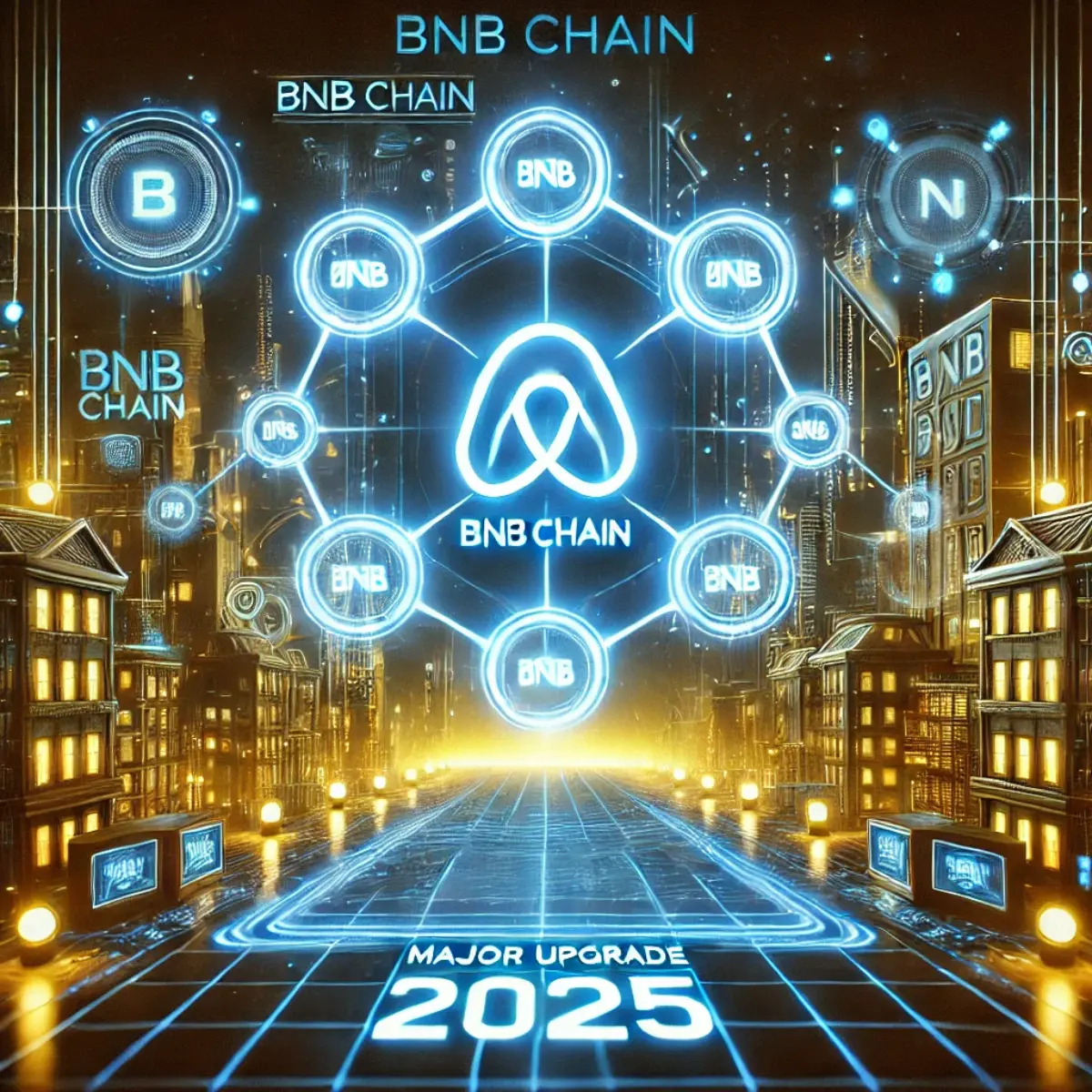 DALL·E 2025 02 13 21.41.16 An illustration of BNB Chain announcing a major upgrade in 2025. The image features a futuristic digital city with blockchain networks visually repres