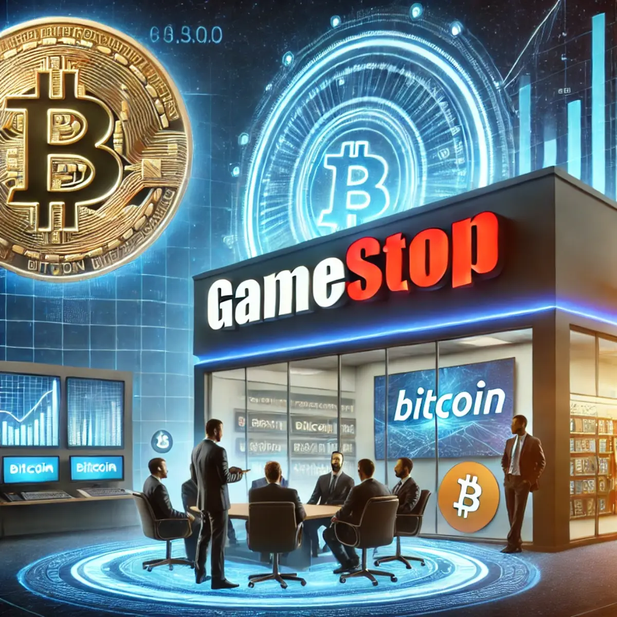 DALL·E 2025 02 15 05.51.40 An illustration of GameStop considering Bitcoin investment. The image shows a futuristic GameStop store with a large Bitcoin symbol glowing above it.