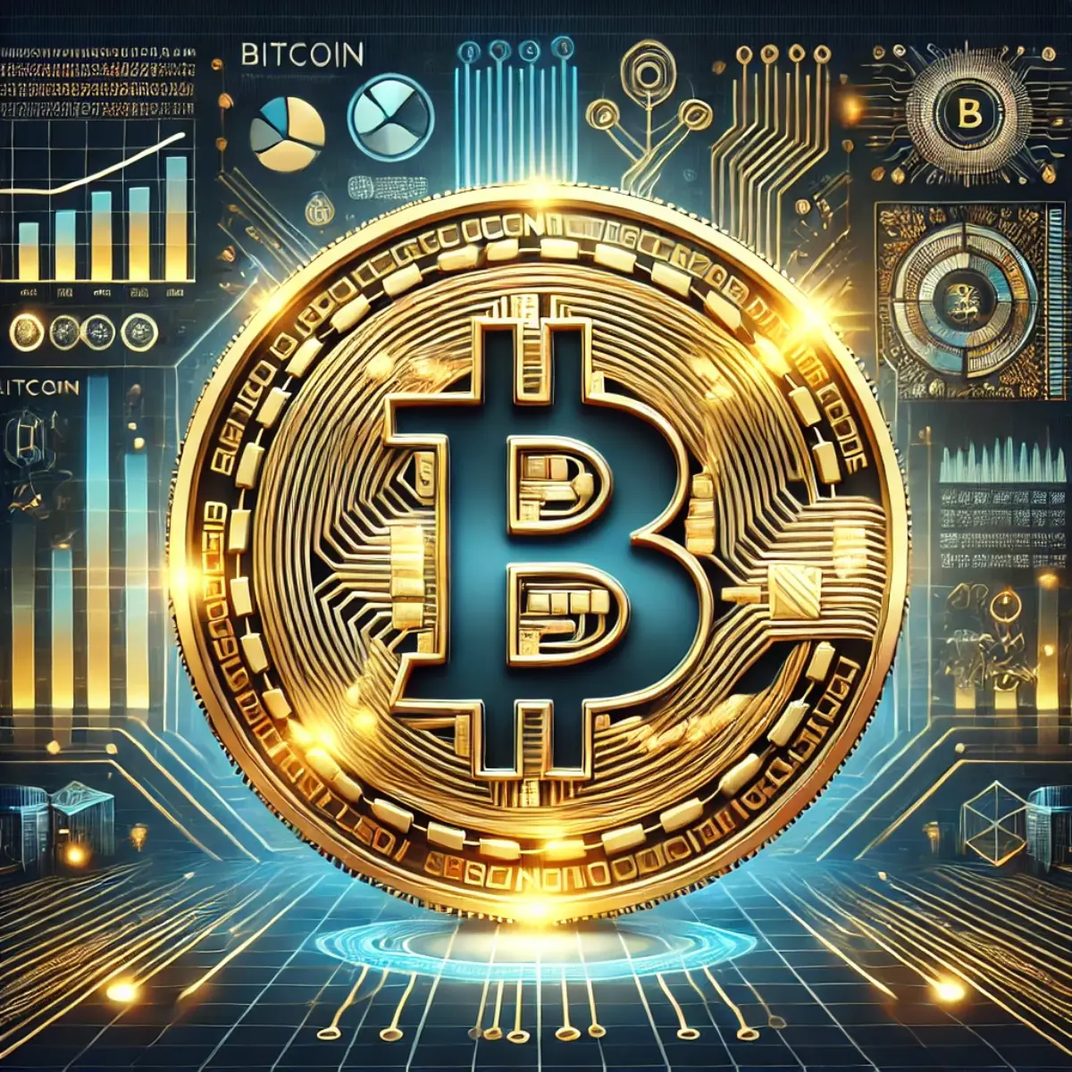 DALL·E 2025 02 19 05.25.56 A digital illustration of Bitcoin featuring a large golden Bitcoin coin with the ₿ symbol glowing in the center. The background is a futuristic cit